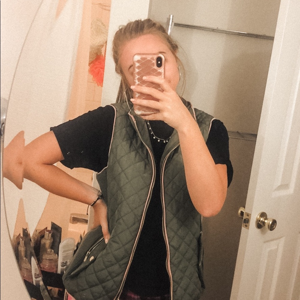 Army green vest with pink detailing!